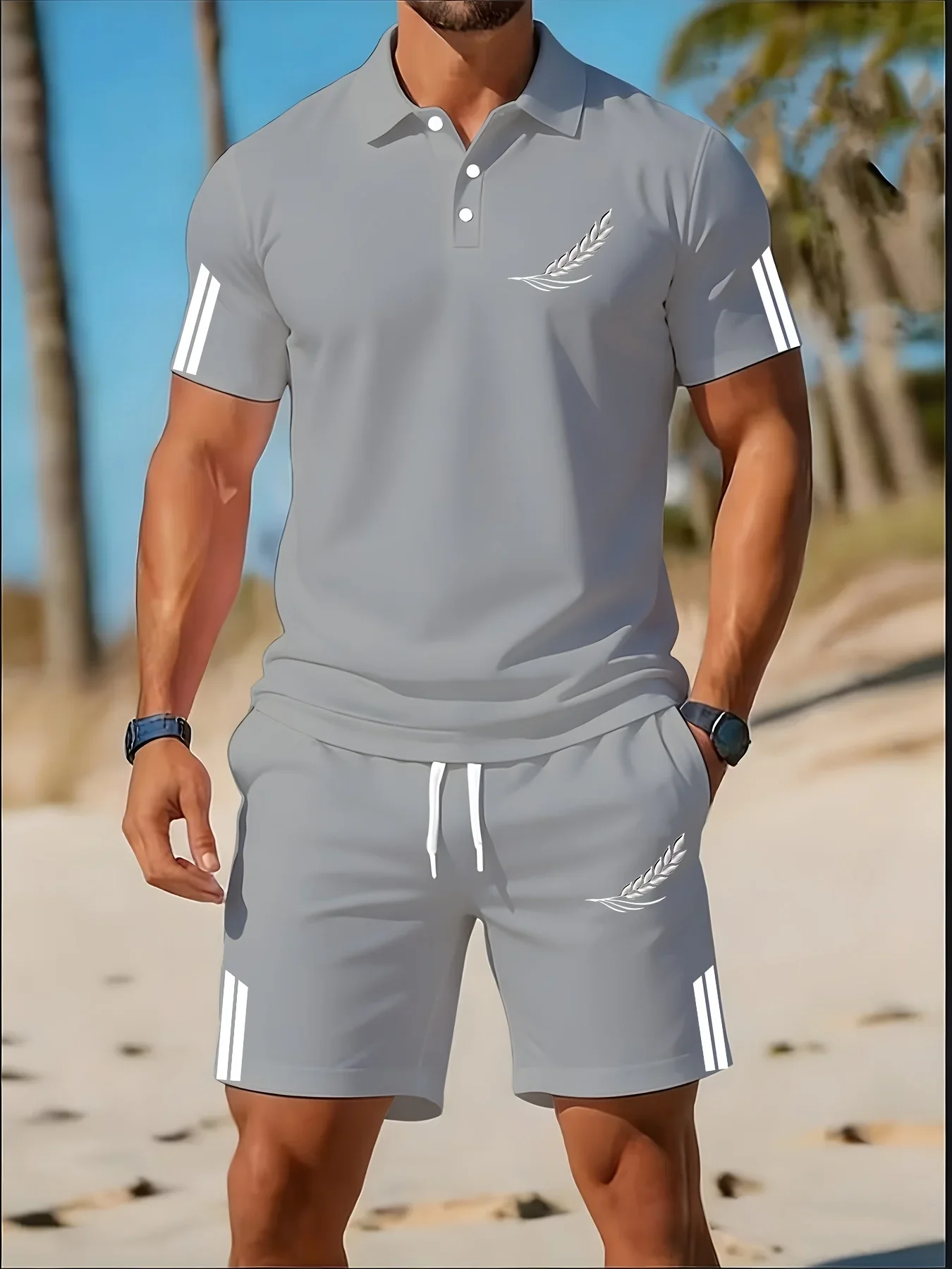 Summer new men's polo shirt set, LOS ANGELES letter print, slim fit breathable solid color short sleeved shorts set for men view 3