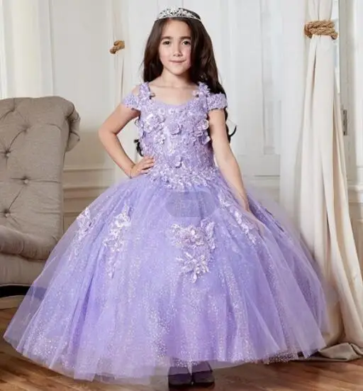 Lavanda Mini abiti Quinceanera abito da ballo con spalle scoperte Appliques abiti da ragazza di fiori per matrimoni abiti da spettacolo bambino