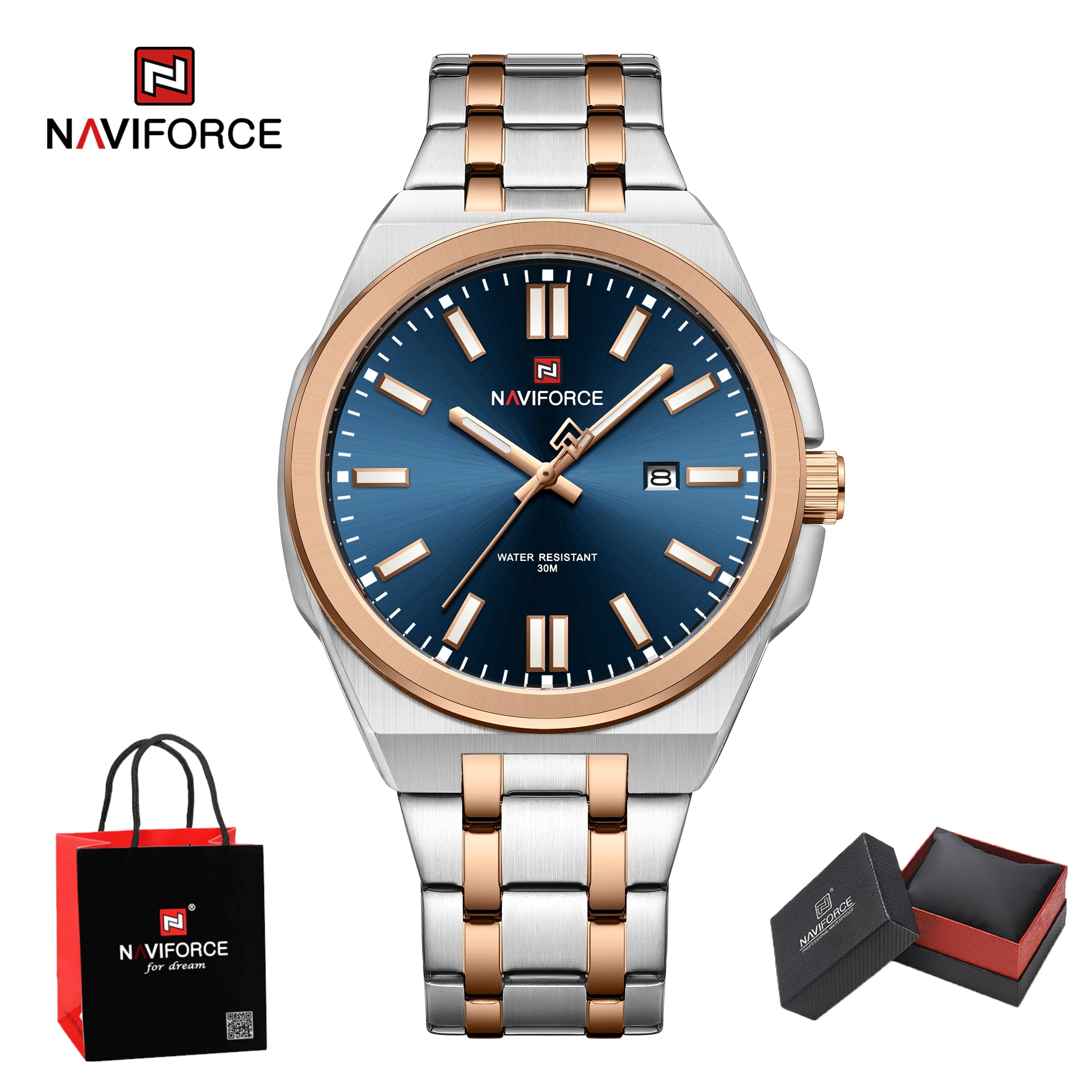 New Style NAVIFORCE Men's Luminous Steel Band Luxury Business Quartz Watches Waterproof with Calendar Male Wristwatch Gifts Box