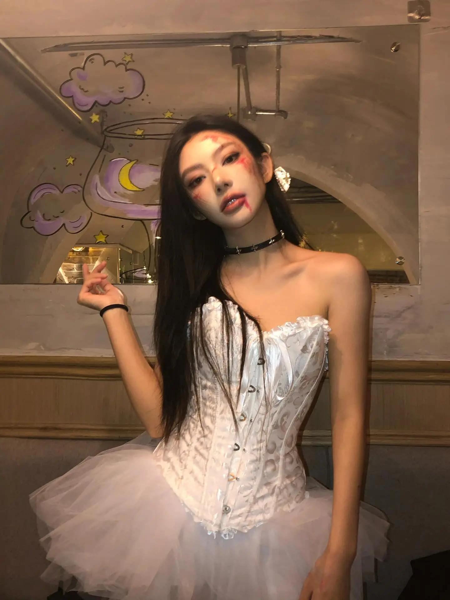 loween Devil Angel Sexy Strapl Waist-Cinched Vest High Waist Fluffy ort Skirt Set Women's Costume Outfit
