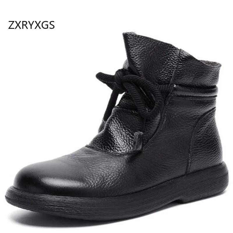 ZXRYXGS 2024 Retro Style Single Genuine Leather Boots Flat Non-slip Comfortable Versatile Woman's Boots Black White Trend Shoes