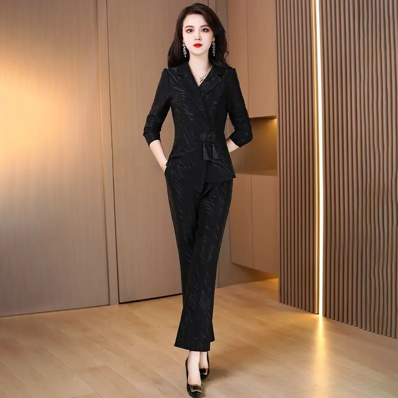 

Women's Jacquard Blazer Wide Leg Pants Set 2026 Spring Professional Suit Elegant Slim Fit Office Outfit Two Piece Business Look