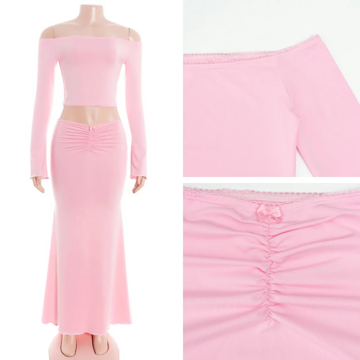 여성 오프숄더 크롭탑 맥시 스커트 세트 핑크 솔리드 컬러 긴팔 투피스 의상 섹시 슬림핏 패션 스트리트웨어