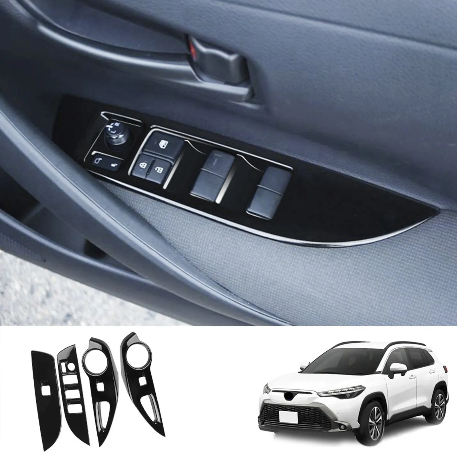 Car Glossy Black Window Glass Lift Button Switch Cover Trim Door Armrest Panel for Toyota Corolla Cross 2021 2022 RHD