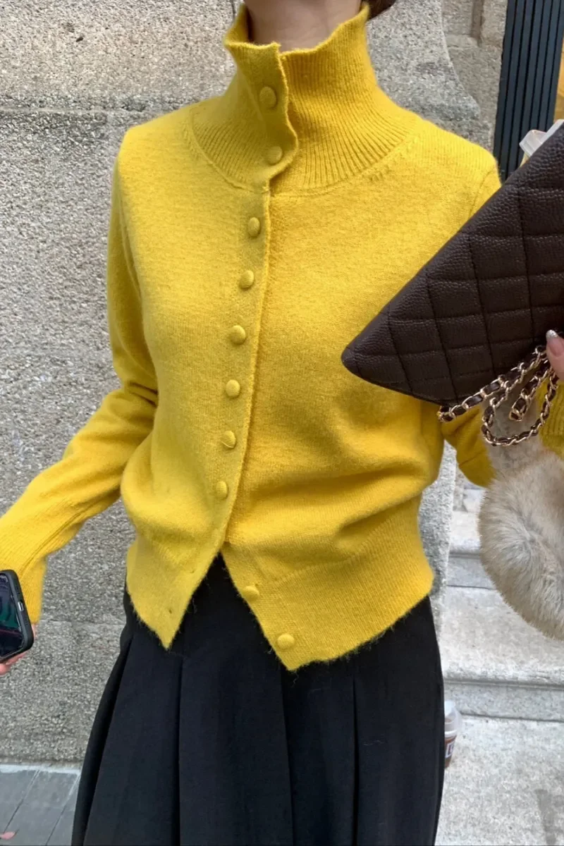 

Корейский ретро-свитер с высоким воротником, кардиган для женщин, осень-зима, новый свободный теплый вязаный топ с внутренней стороны