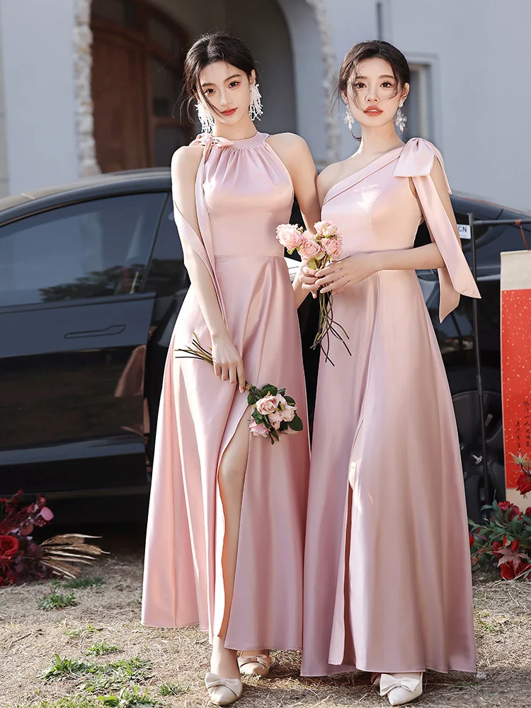 

Pink Satin Bridesmaid Dresses Elegant Sleeveless Split Suspender Wedding Party Dress Sister Group Formal Evening Gowns