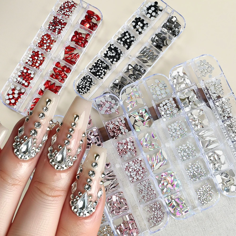 12Grids Flat-back Glitter Hart Rechthoek Diamant Nagel Edelstenen Ronde Onregelmatige Gemengde Nagelsteentjes Luxe Manicure Kristal Juweel