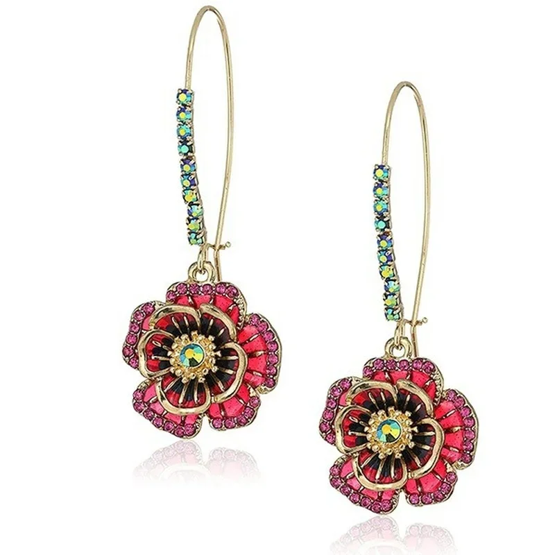 

Exquisite Rose Flower Hook Earrings Luxury Gold Color Earring Colorful Crystals and Red Enamel Dangling Earrings Wedding Jewelry