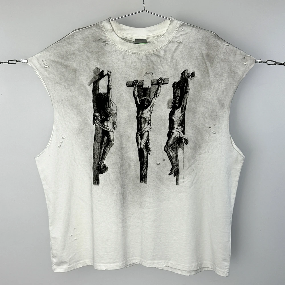 

Грязная футболка без рукавов «Три Иисуса Святого», мужские и женские топы большого размера, футболка