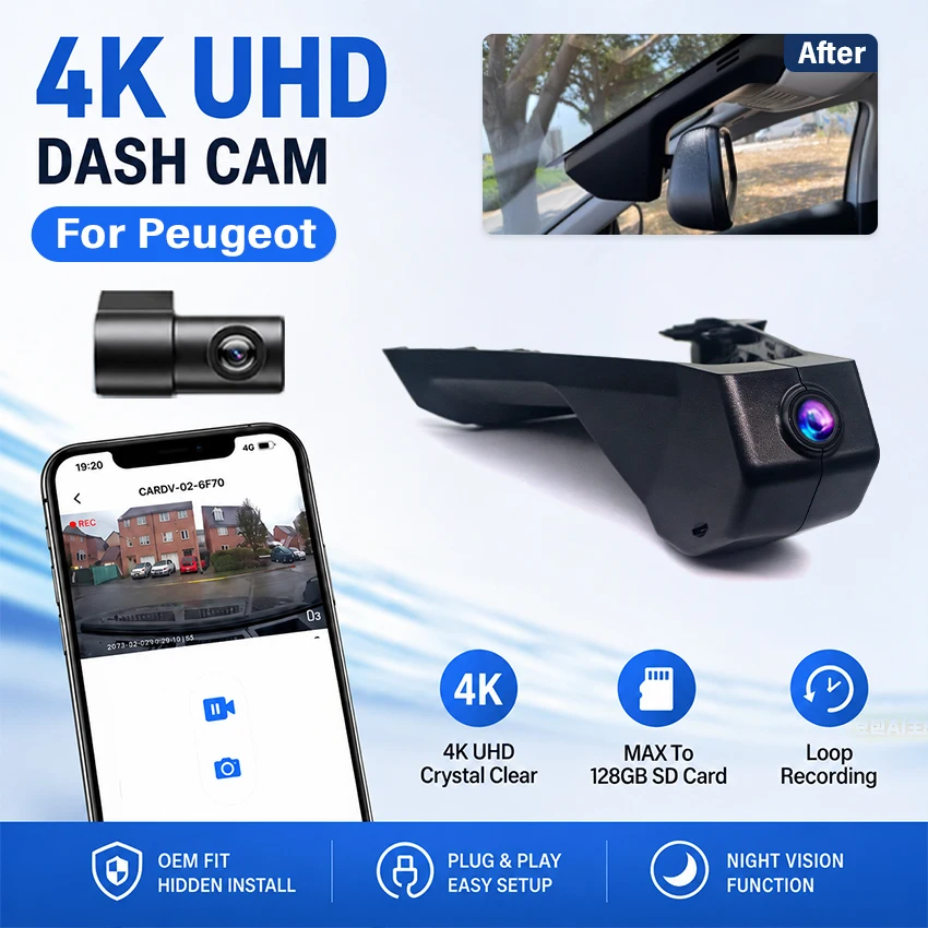 Plug and Play 4K 2160P Car Dvr For Peugeot 3008 Allure 4008 5008 GT DS7 CROSS Citroen C5 X7 Night Vision DashCam，APP Control