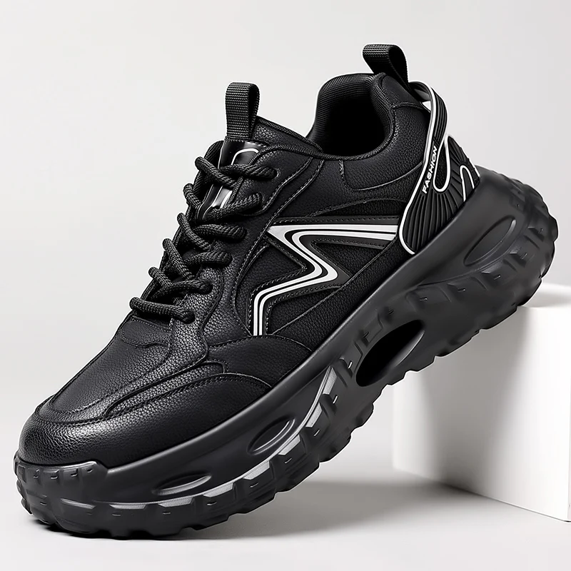 

2025 new men's anti-slip thick-soled black sports real leather shoes and outdoor trendy shoes