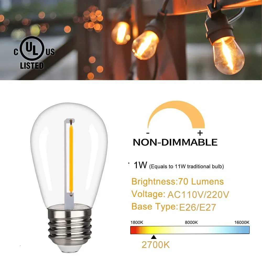 16pcs LED S14 Replacement Light Bulbs 1W E27 220V Shatterproof  to Replace 11W Incandescent Waterproof Outdoor String Light Bulb