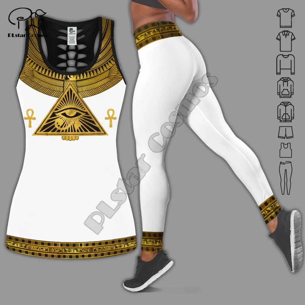 Horus Egyptian Pharaoh Anubis Ancient Egypt Tattoo Retro 3DPrint Sexy Hollow Out Top Women Vest Yoga Suits Fitness Leggings A5