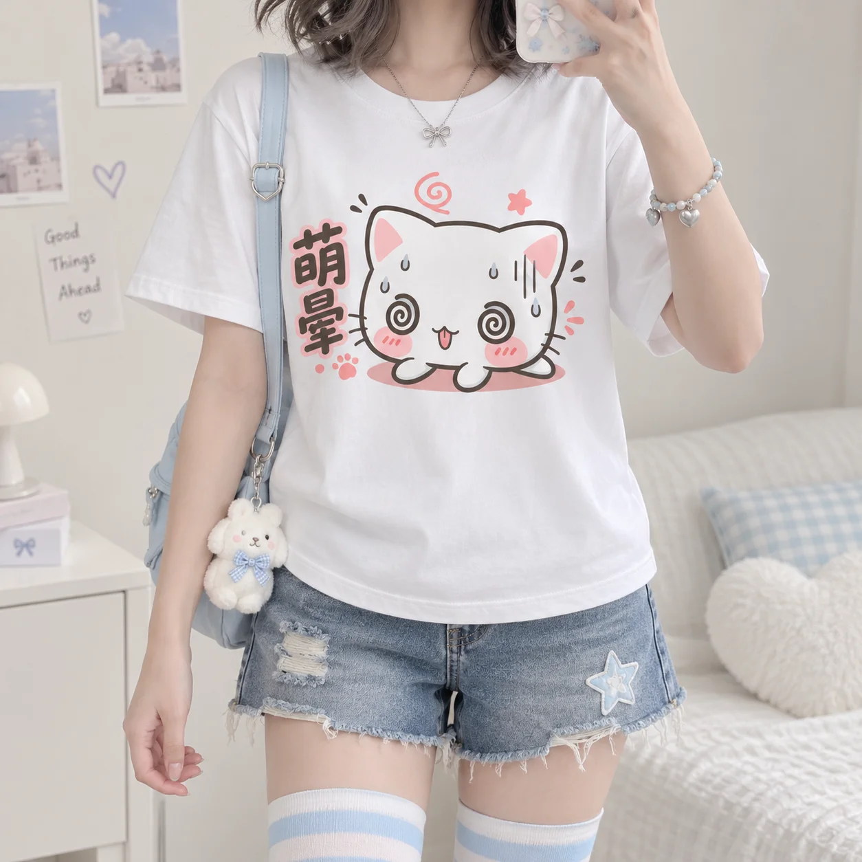 Women T-Shirt 100% Heavyweight Cotton Y2K Kawaii Style Breathable Casual Streetwear Teen Girls Dizzy Cat Cartoon Graphic Tee