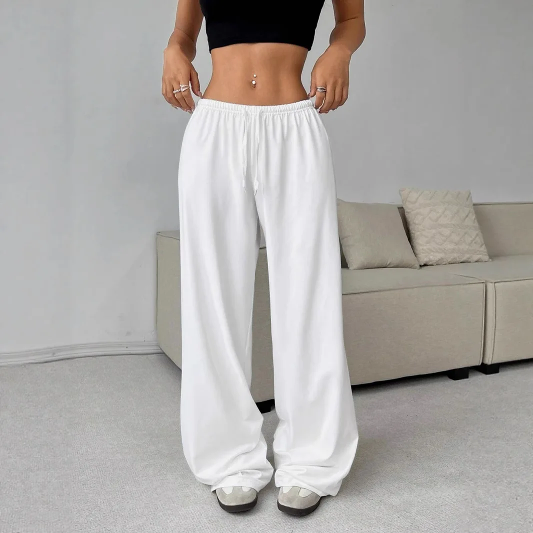 Exploding European and American women's clothing solid color trousers elastic waist lace-up wide-leg casual pants