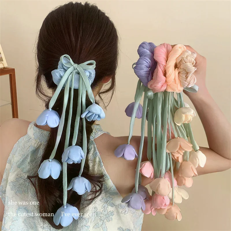 Ethereal Hair Accessory For Women Lily Of The Valley & Tulips Floral Scrunchie Hair Tie With Dangling Ribbon Accents