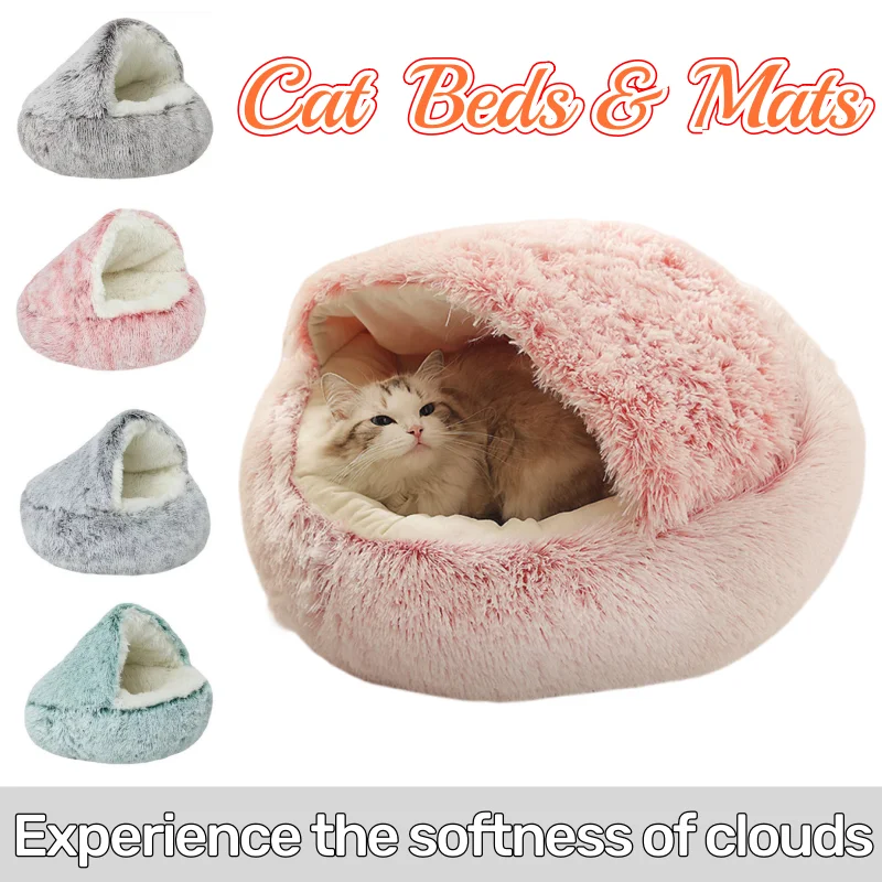 Round Soft Cat Cushion Semi Enclosed Pet Sleep Bags Long Soft Plush 2 in 1 Warms Cat Bed Simple Comfort Warm Puppy Sleeping Nest