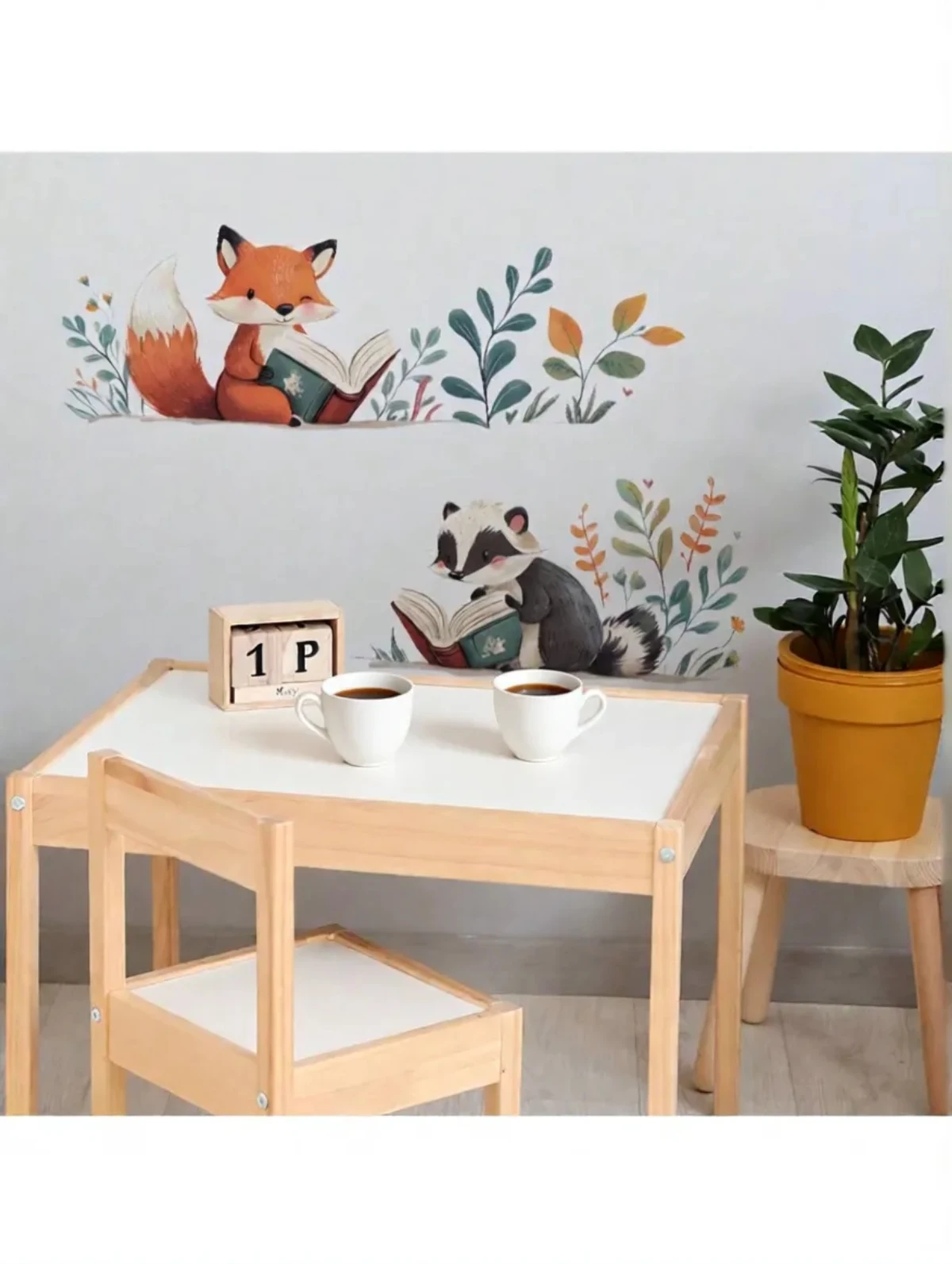 Watercolor Reading Animals Wall Decal, Fox & Badger Reading Books with Plants Removable Kids Nursery & Study Room Sticker