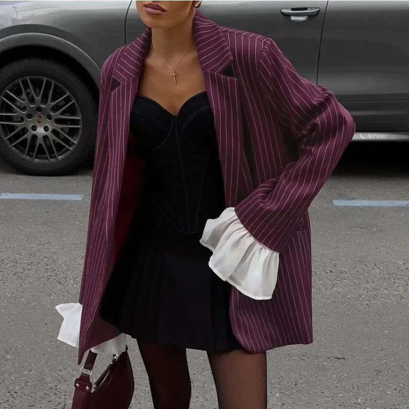 

Fashion Work Coat Loose Business Outerwear Women's Autumn Stripe Blazers Jackets Dressy Casual Flare Long Sleeve Lapel
