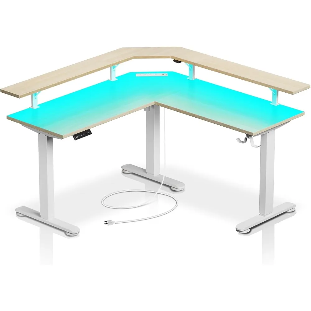 

Standing Desk L Shaped with LED Light and Power Outlet, Electric Height Adjustable Computer Office Desk Sit Stand Up w