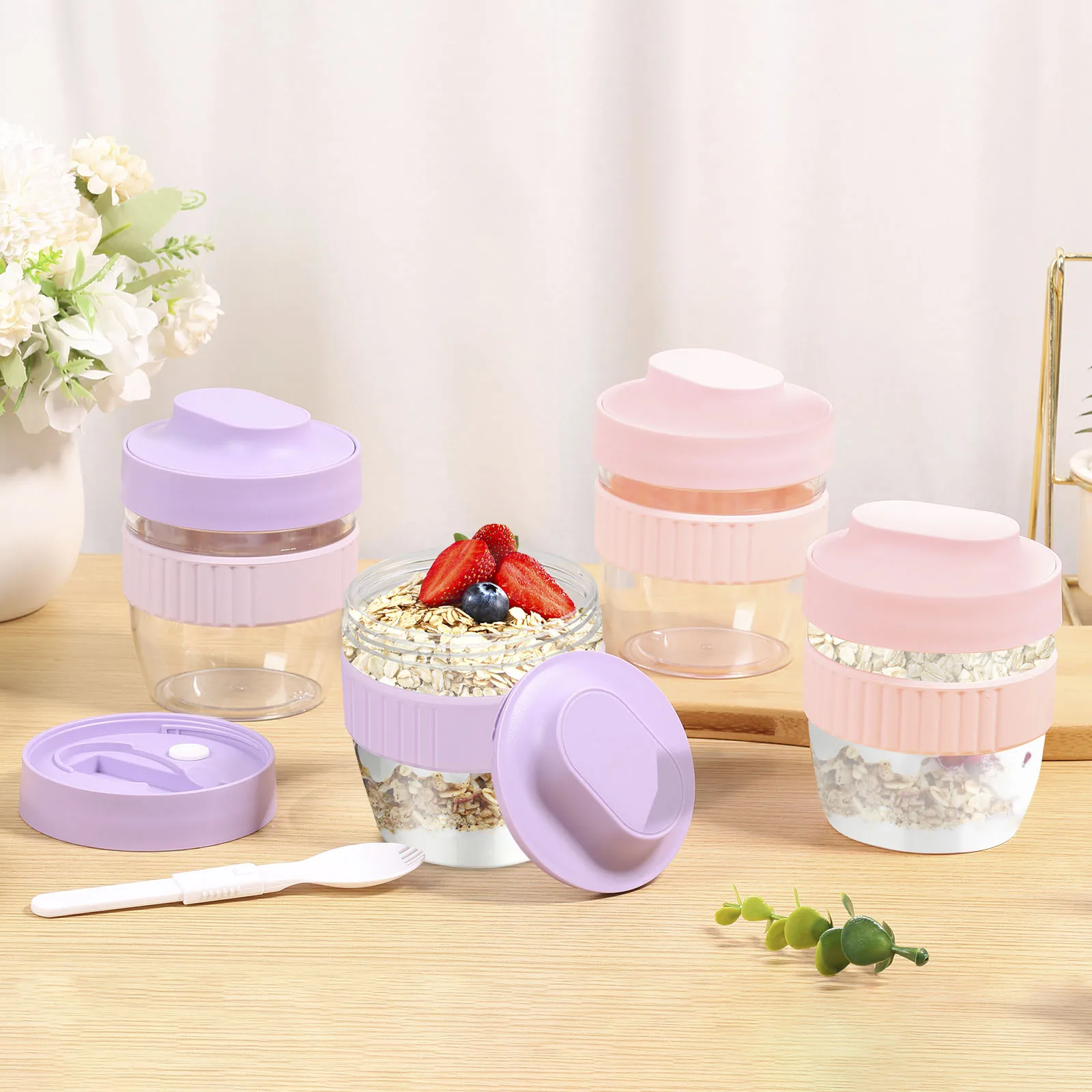 1/4Pcs Overnight Oat Cups with Lid Spoon 480ml Double Yogurt Cup Food Storage Bento Box Portable Fruit Salad Food Storage Box