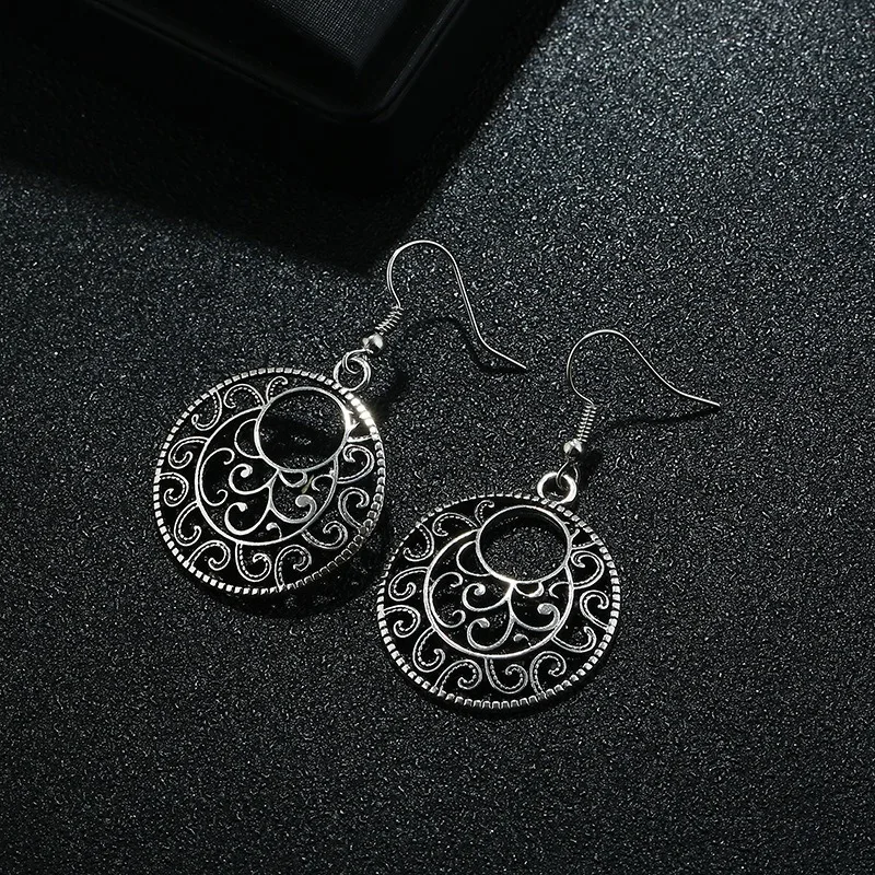 

Trendy Jewelry Bohemian Vintage Ethnic Tibetan Silver Long Big Hollow Round Drop Earring Carved Flowers Dangle Earrings Women