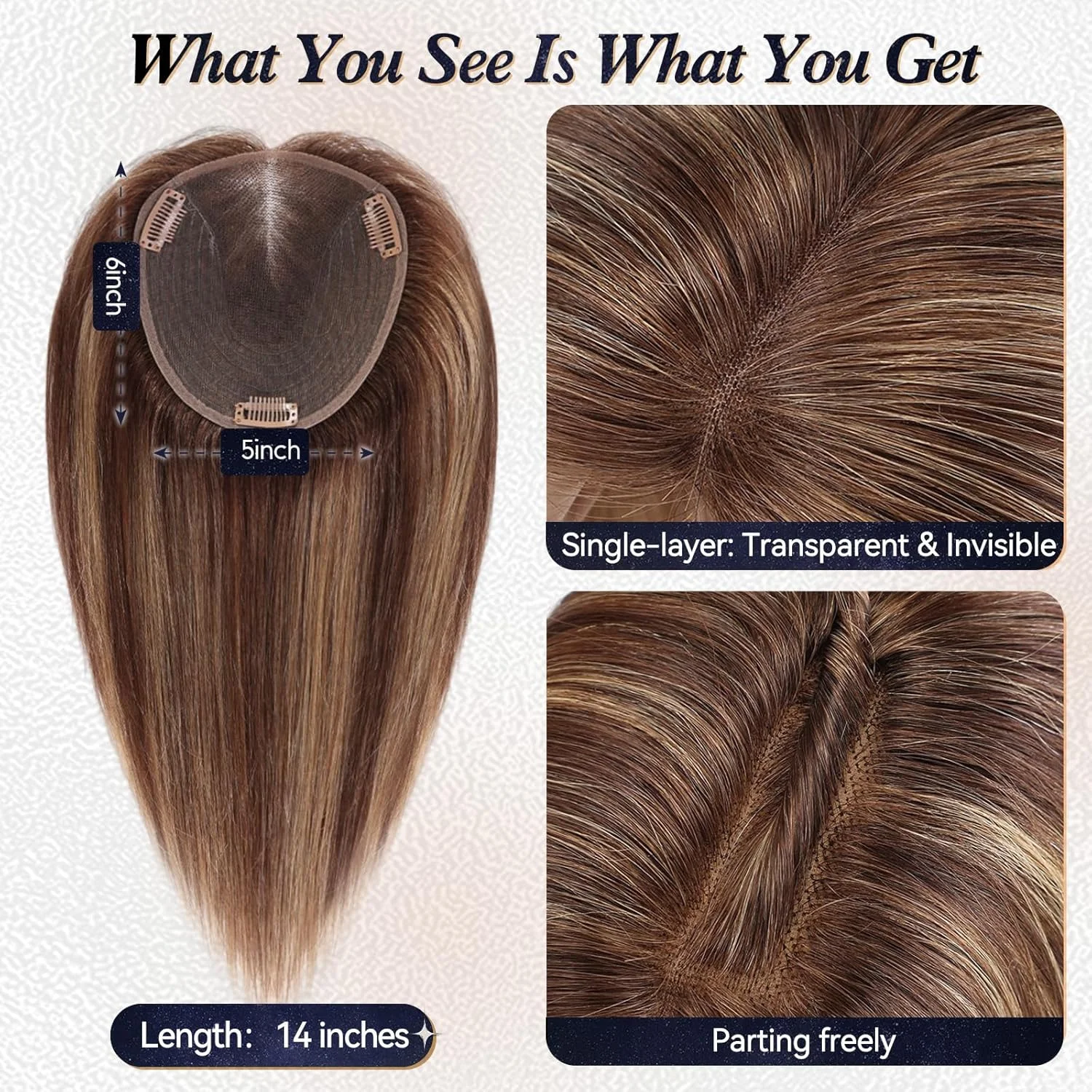 12inch Brown Mixed Blonde Human Hair Toppers for Women 5x6inch Swiss Lace Base with 3 Clips 100% Real Hair Toppers for Hair Loss