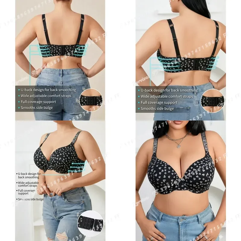 Plus Size Heart Pattern Women Bra Stylish Push Up with Rhinestones Adjustable Wide Straps Underwire Thin Cup Comfortable