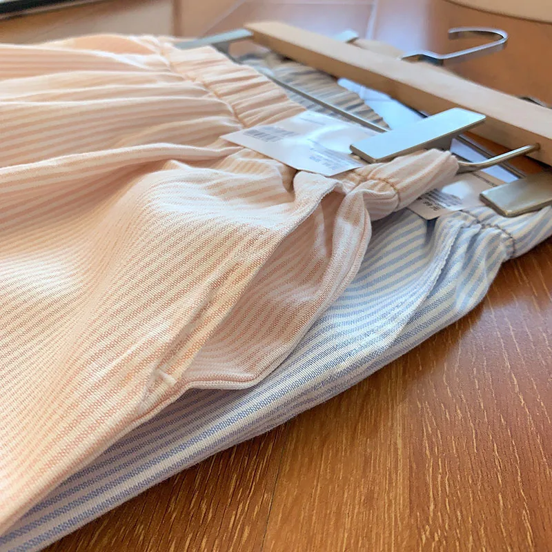 Classic Cotton Casual Shorts For Women 2025 Summer New Style Elastic Waist Loose Fit Wide Stripe A-line Wide-leg Pants