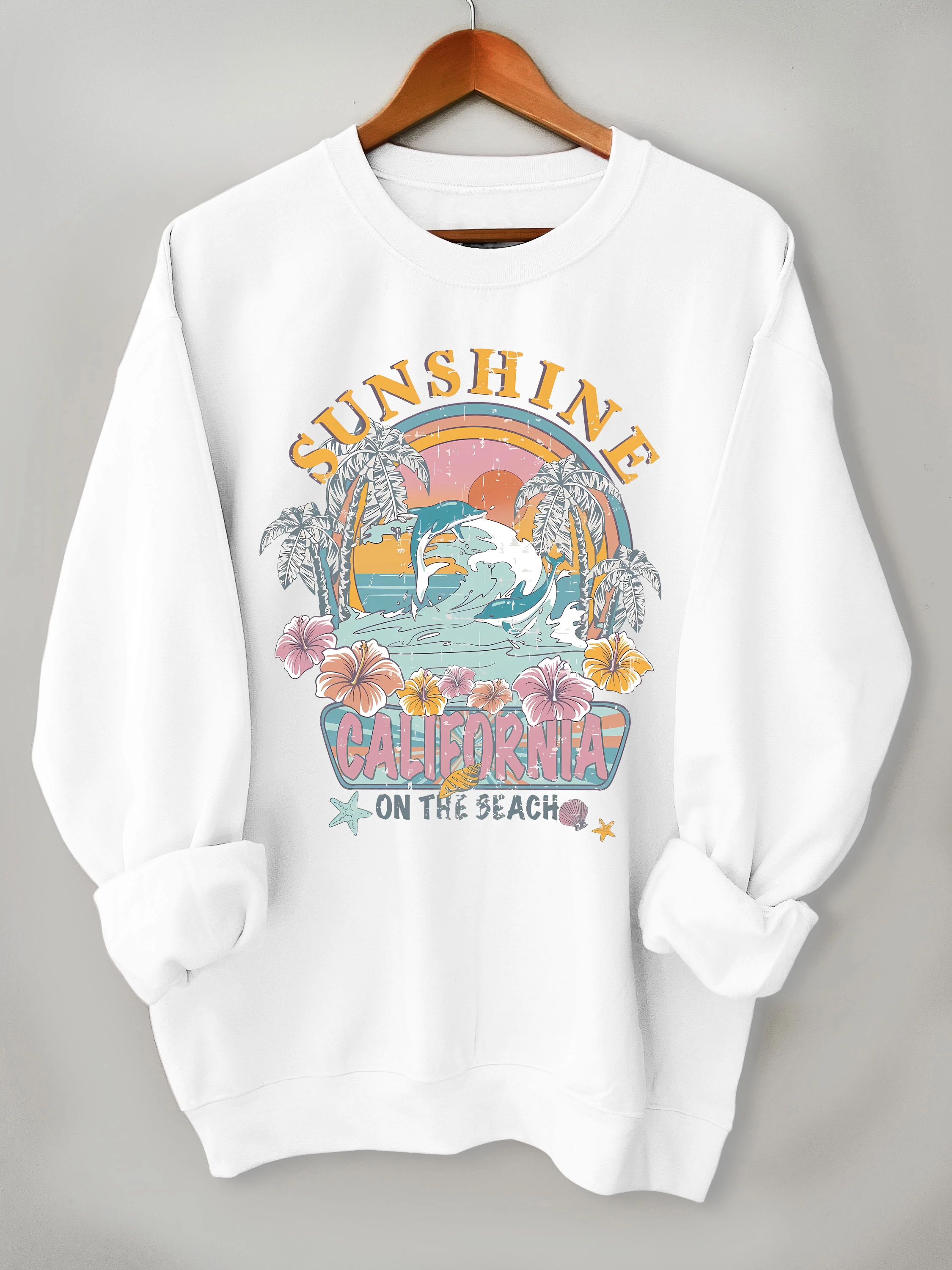 

The beach print sweatshirt, crew neck casual sweatshirt for winter & fall, women's clothing