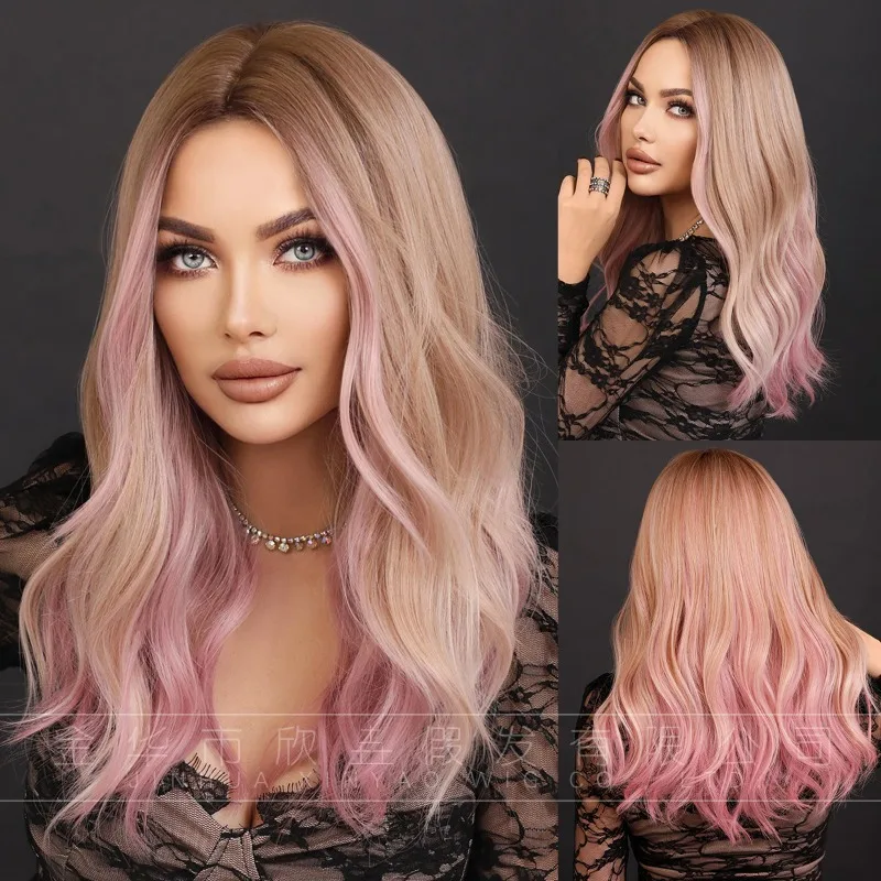 

Pink Long Wavy Wig Middle Part Big Curly Synthetic Hair Heat Resistant Full Wig Women Fashion Hairstyle for Daily Party Cosplay