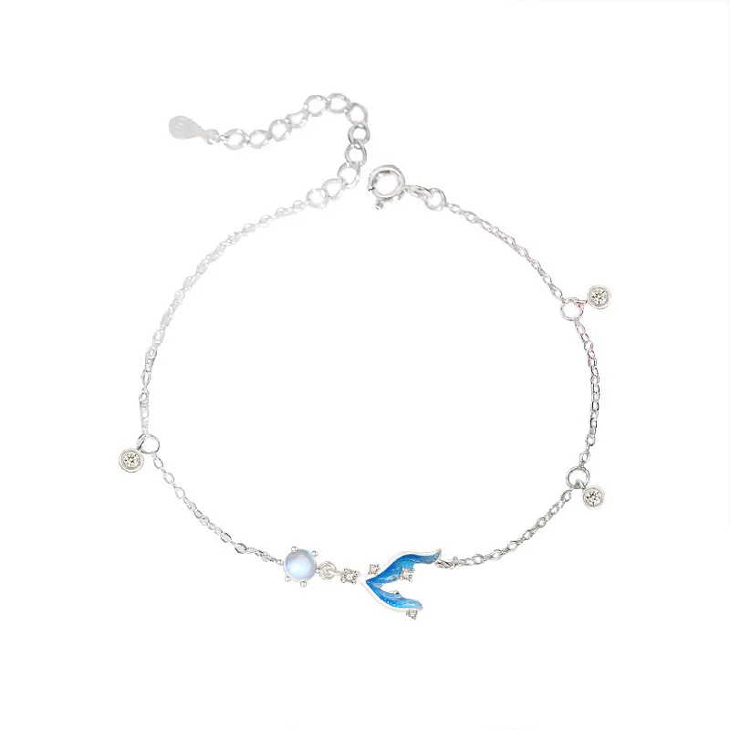 S925 Silver Exquisite Minimalism Blue Fish Tail with Moonstone Charm, Minimalist Ocean Theme Jewelry Anniversary Present