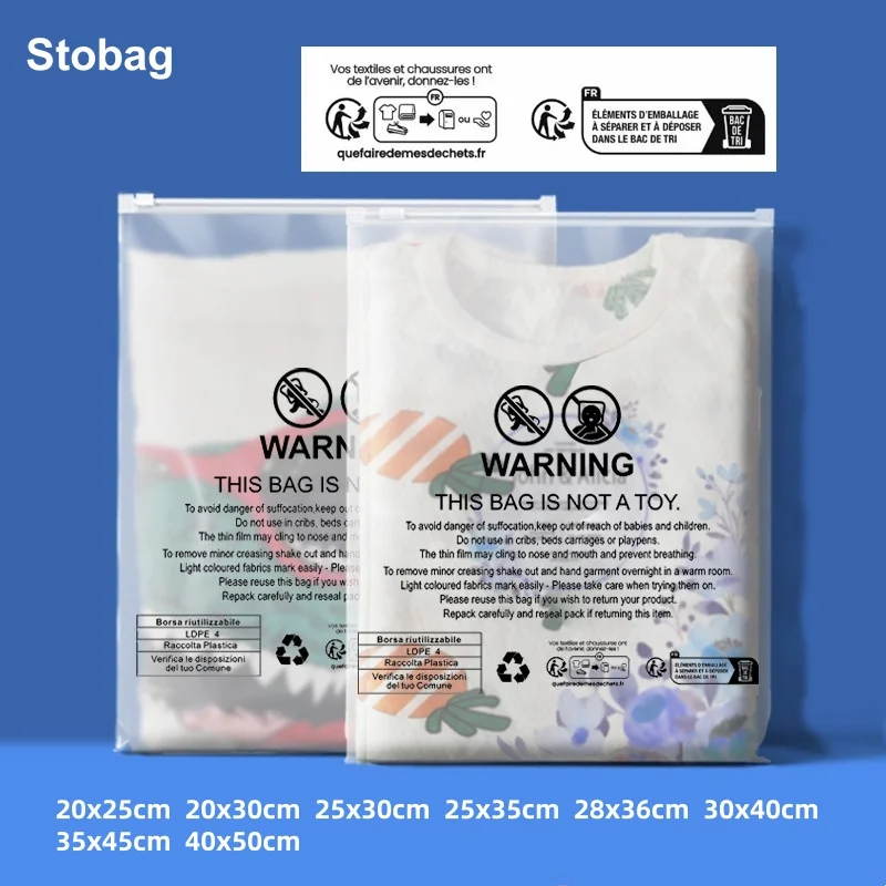 StoBag 50pcs Wholesale Frosted/Transparent Clothes Packaging Zipper Bags with Warning Word Storage Plastic Sealed Reusable Pouch