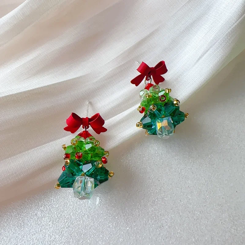 Christmas earrings red bow Christmas tree earrings cute handmade beaded earrings