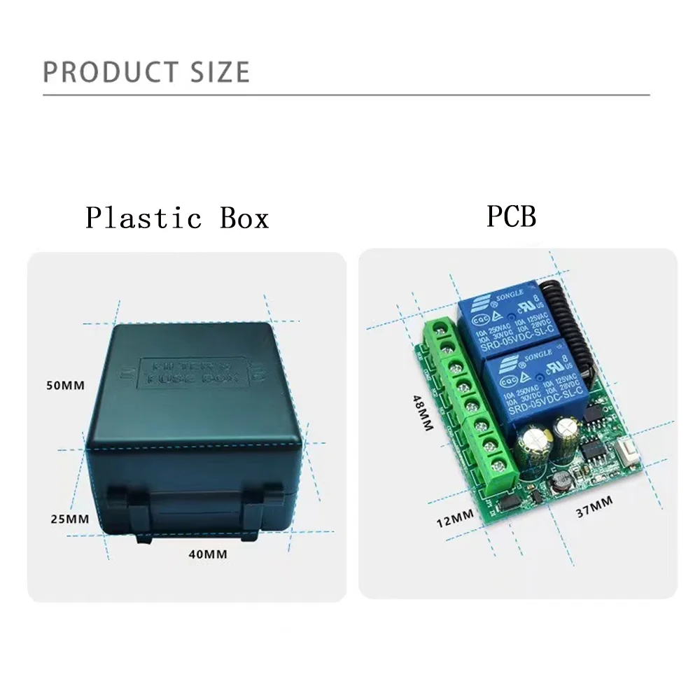 รีโมทคอนโทรลไร้สายอเนกประสงค์433MHz DC 6V 12V 24V ตัวรับสัญญาณ RF 2CH 50M สำหรับไฟ/ประตู/มอเตอร์/DIY