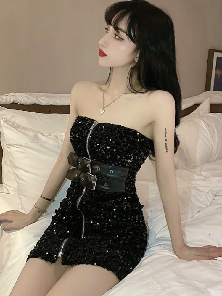 Czarna Sukienka Bandage Bodycon z Cekinami 2025 Elegancka Damska Sukienka Klubowa Seksowna Kopertowa na Biust Letnia Koreańska Sukienka Wieczorowa Vintage