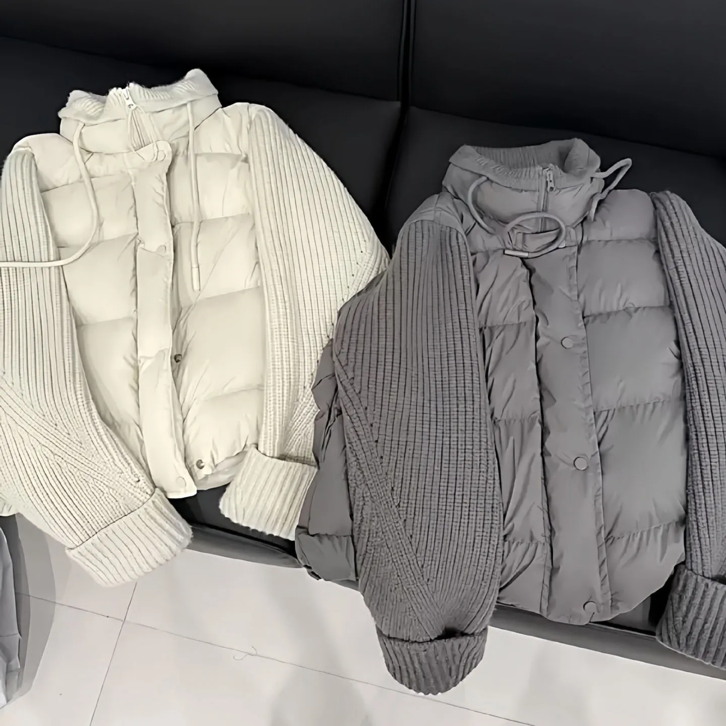 Women's Knitted Spliced Cotton Padded Jacket Korean Casual Fashion Drawstring Design Stand Up Collar Warm False Two-Piece Coat