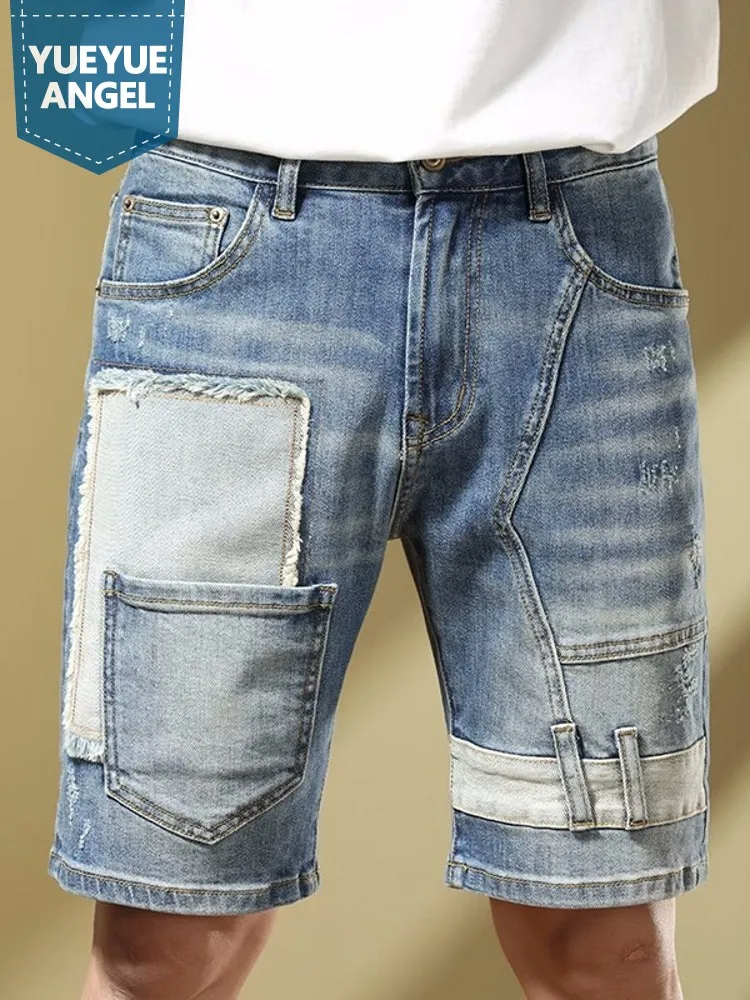 

Summer New Men Knee Length Jeans Patchwork Slim Fit Stretchy Cowboy Denim Shorts Casual Streetwear Vintage Work Cargo Shorts 38