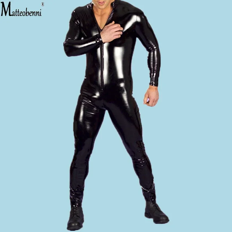 المتضخم S-4XL مثير الملابس الداخلية الرجال Catsuit فو الجلود الجبهة زيبر المنشعب ارتداءها مثلي الجنس الوثن ازياء المثيرة الملابس الداخلية بذلة