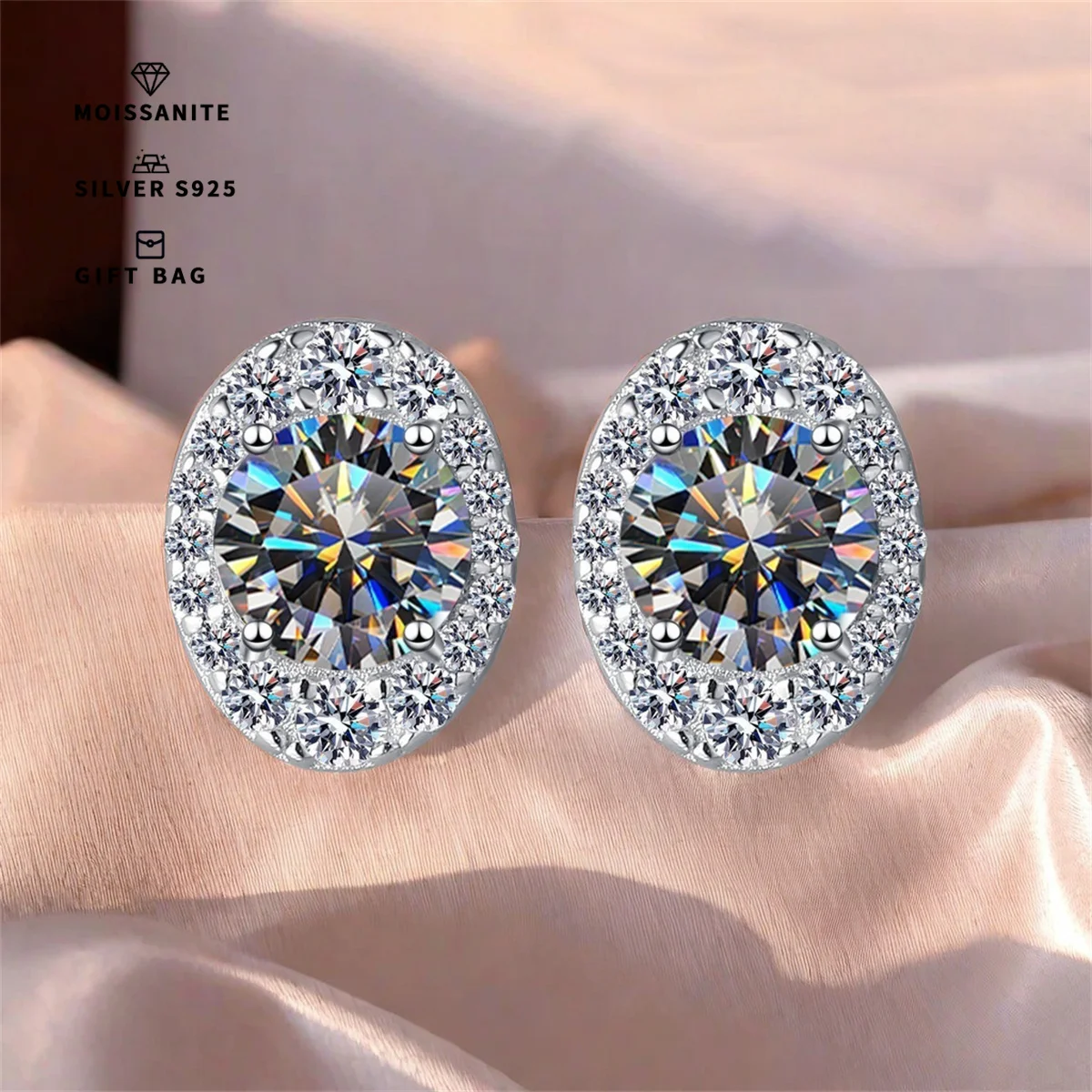 A pair of S925 sterling silver Gray stud earrings, oval bracket wrapped round GRA moissanite simple elegant stud earrings