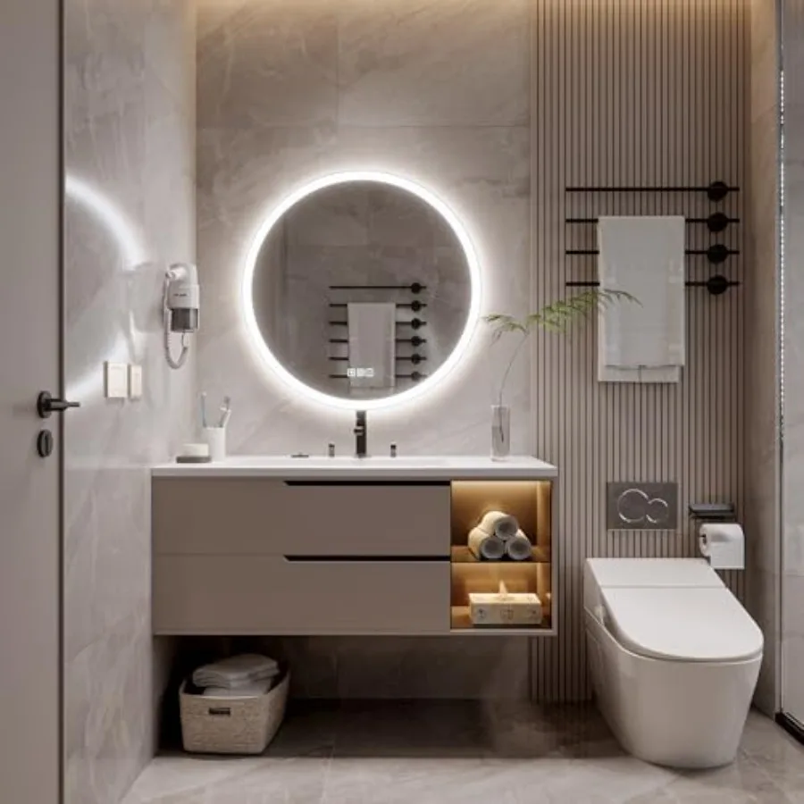

20-дюймовое круглое LED-зеркало Smart Mirror для ванной комнаты, настенное, с подсветкой, защитой от запотевания, 3 цвета, регулируемая яркость, фронтальная и задняя подсветка, CRI9