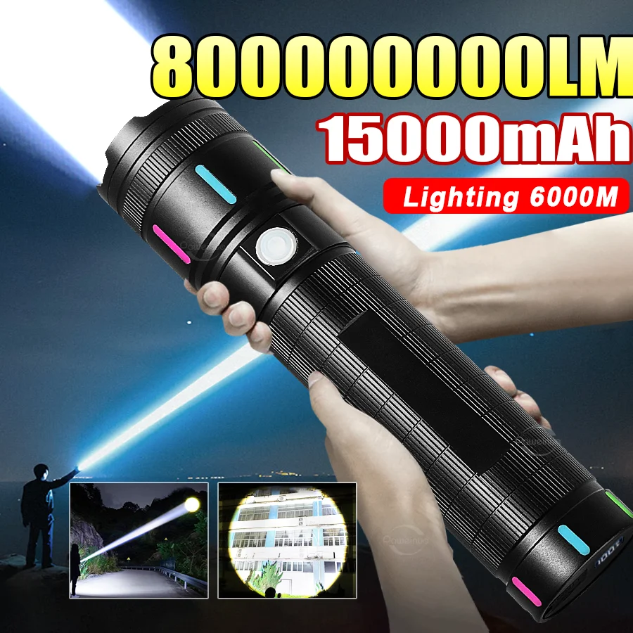 

2025 New 800000000LM LED Flashlight Rechargeable Zoom Flashlights Long Range 6000M Tactical Torch Camping Fishing Work Lamp