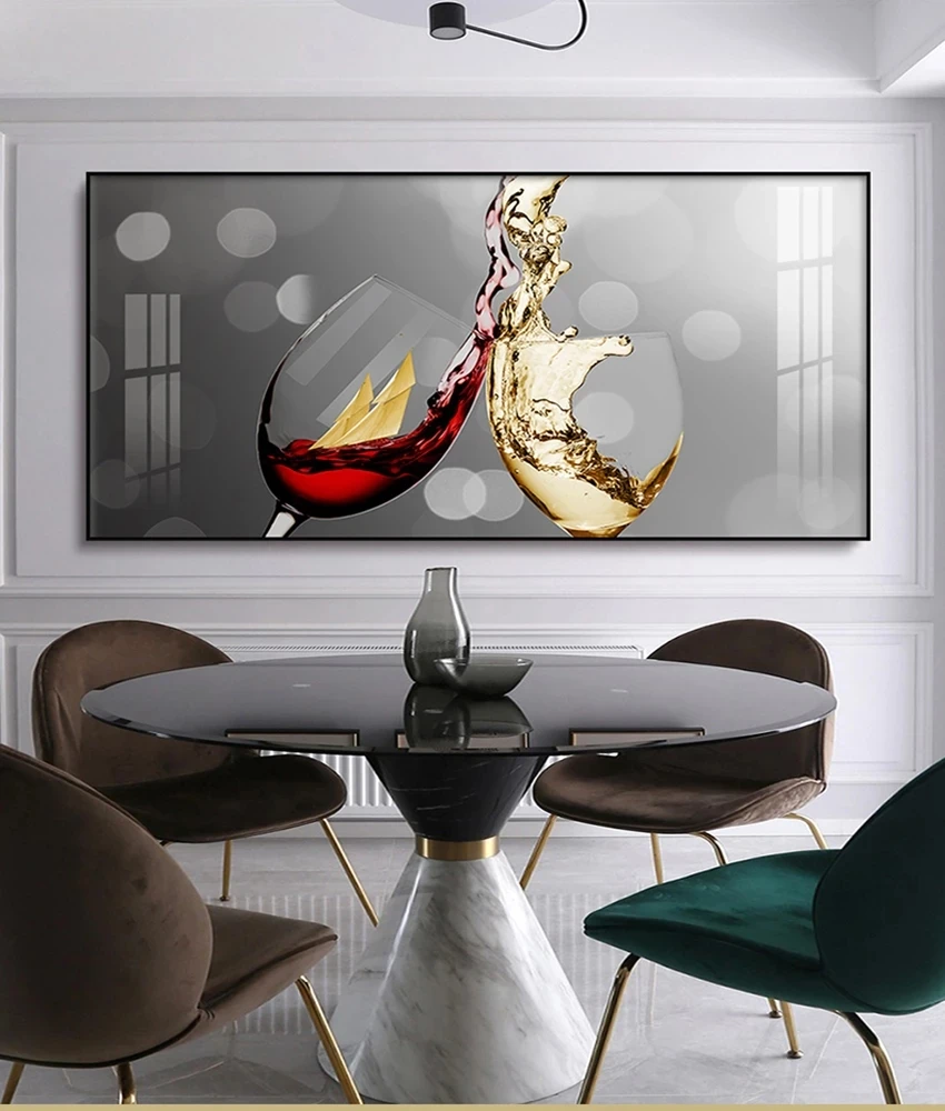 Large-sized frameless canvas paintings,Print and Posters Abstract Red Wine Glass Canvas Painting Dining Room and Kitchen Wall Mo