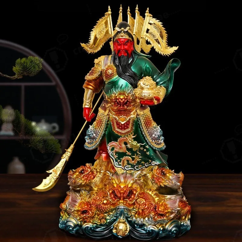 9-Dragon Green Robe Guan Gong Resin Statue, Martial God Guan Yu Figurine, Feng Shui Worship Decor For Business Shop Home