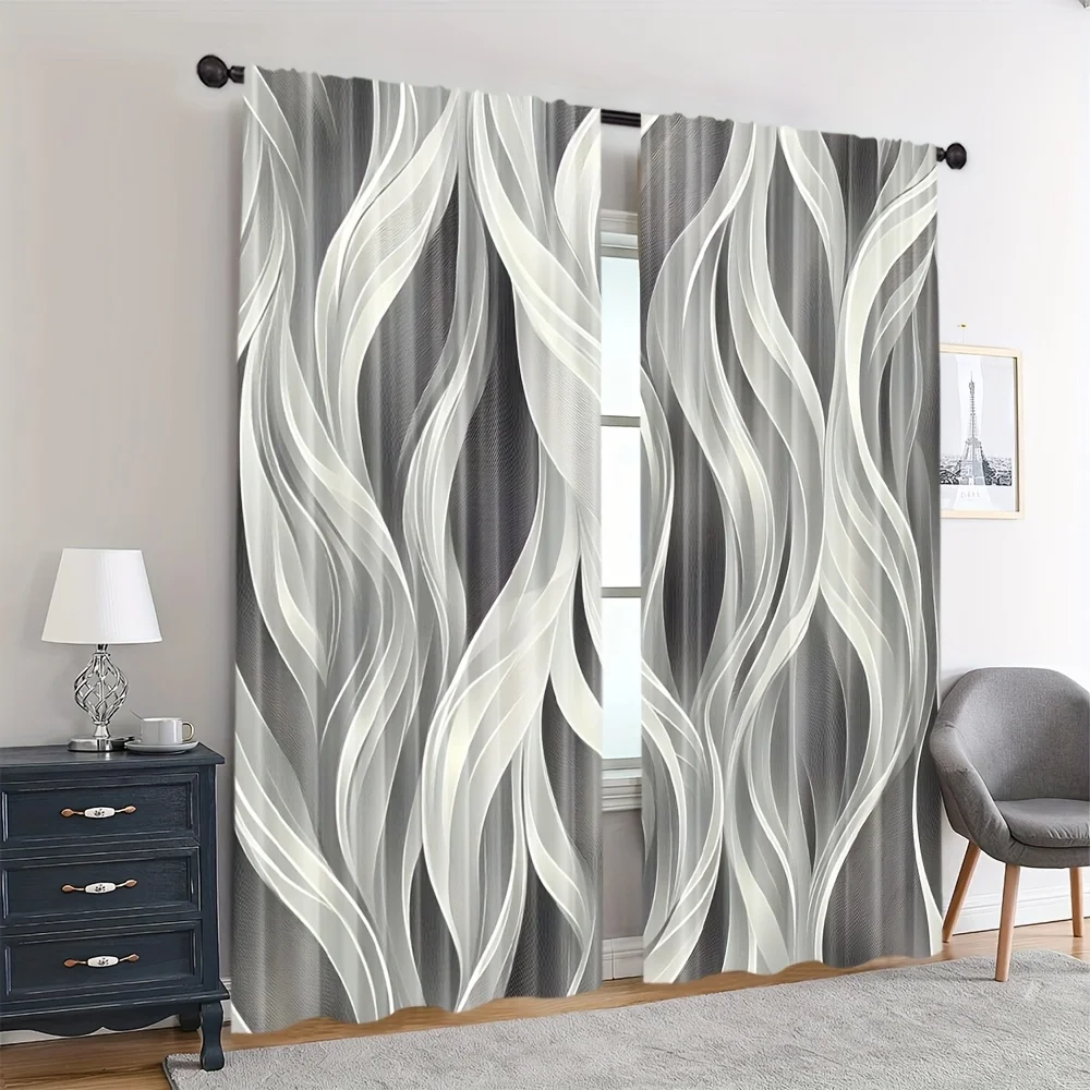 2pcs Modern Dark Gray Light-Filtering Curtains with Artistic Wave Pattern – for Living Room & Various Rooms Decor