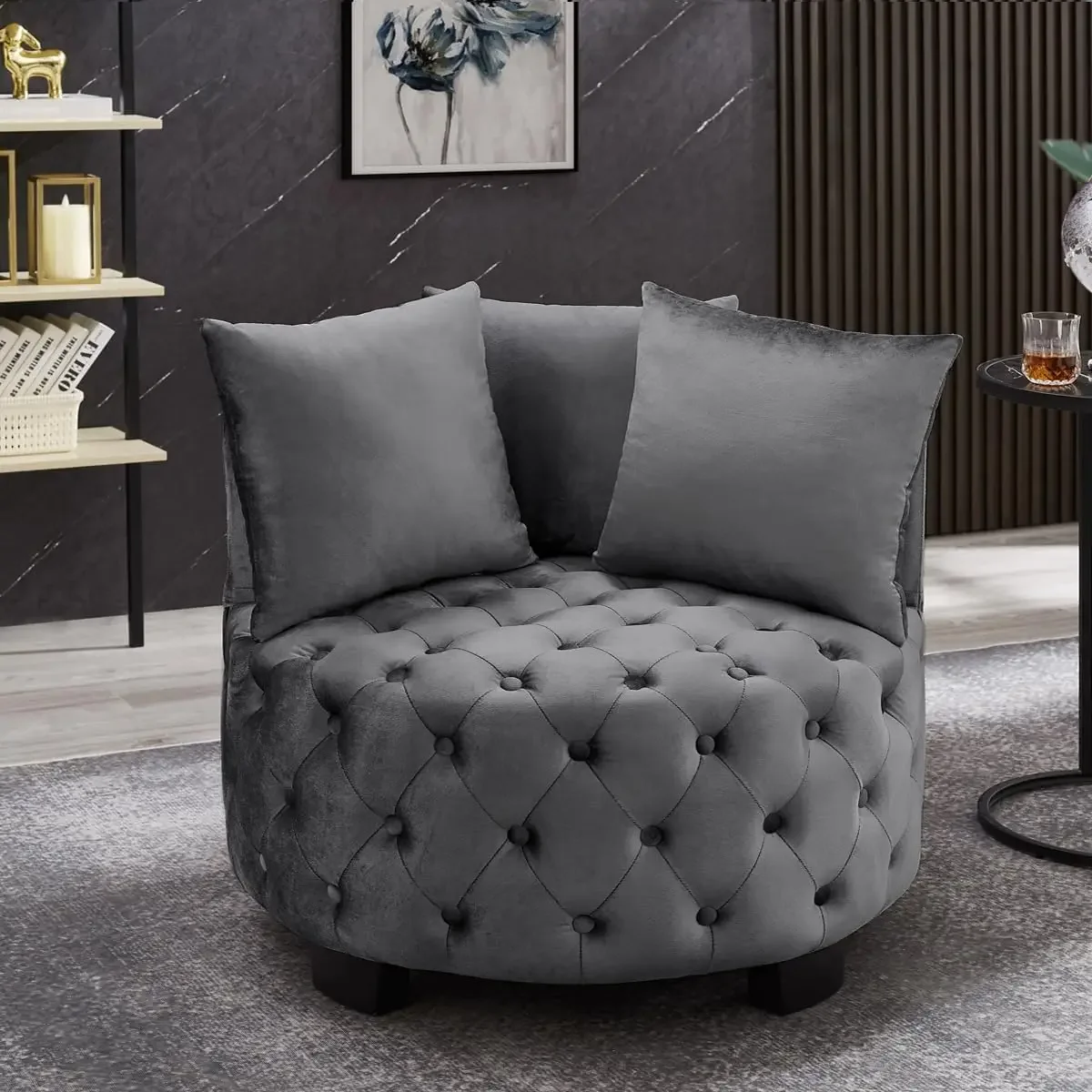 Tufted Leisure Chair Accent Chair, Sofa Lounge Club Round Chair for Living Room Hotel with 3 Pillows 7022-Dark Gray