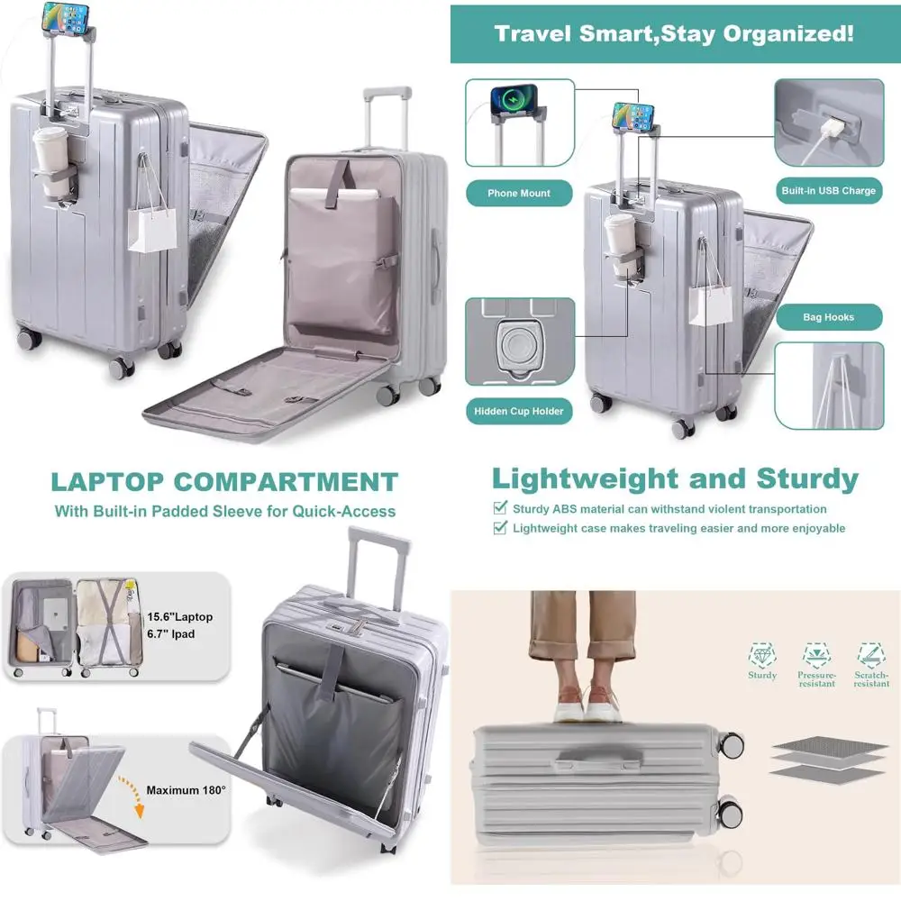 

24-дюймовый жесткий блешень из АБС-пластика + ПК, одобренный авиакомпанией, подстаканник, держатель для телефона, зарядное устройство USB, передний карман, Travel Essentia