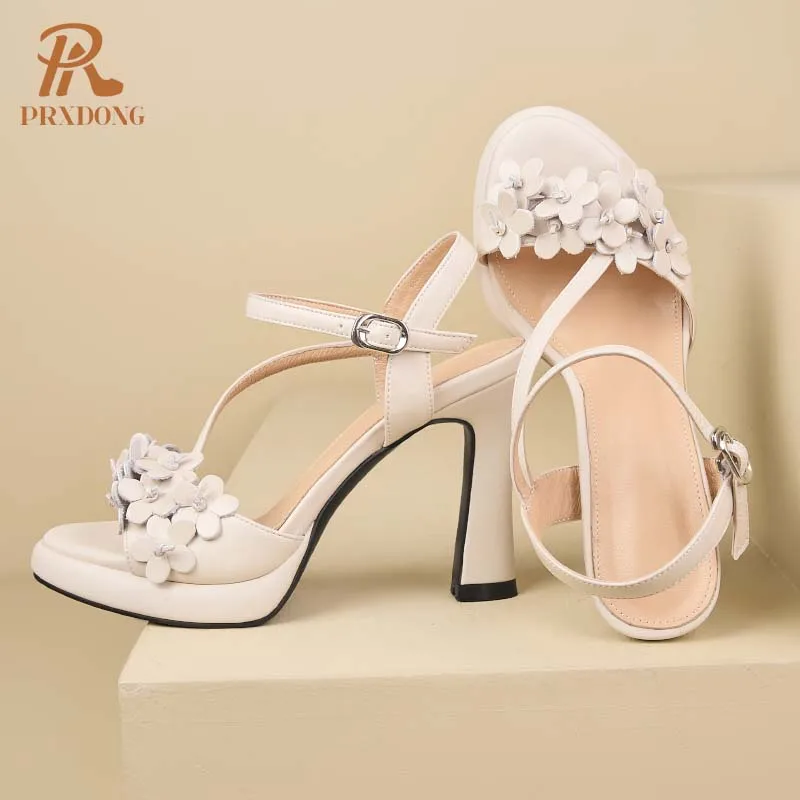 PRXDONG 2024 New Elegant Genuine Leather Summer Sandals For Women Chunky High Heels Platform Silver Beige Party Wedding Shoes