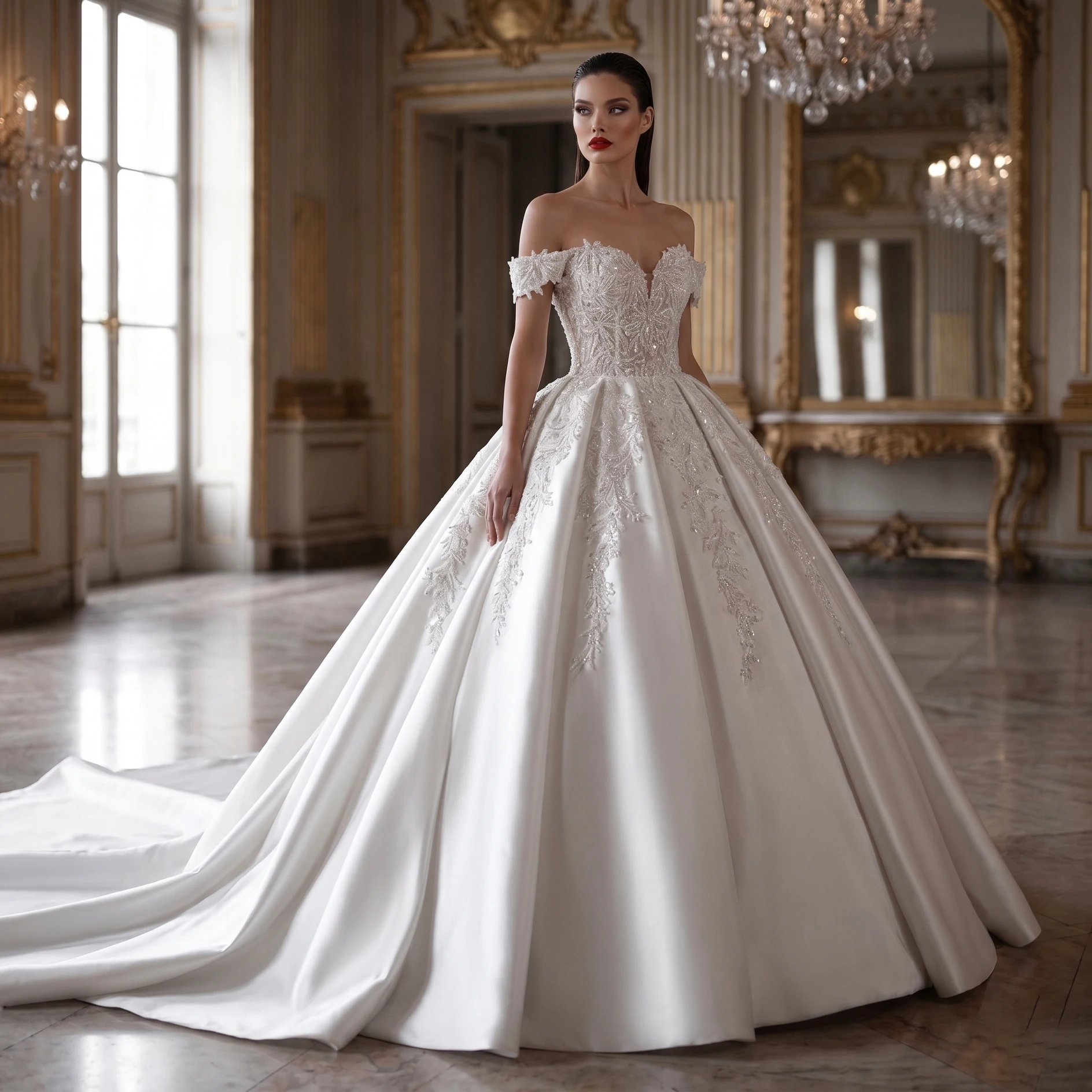 Sharon Said Off Shoulder Ball Gown Wedding Dress Lace Appliques Sweetheart Satin Long Train Bridal Gowns SW701 Customized
