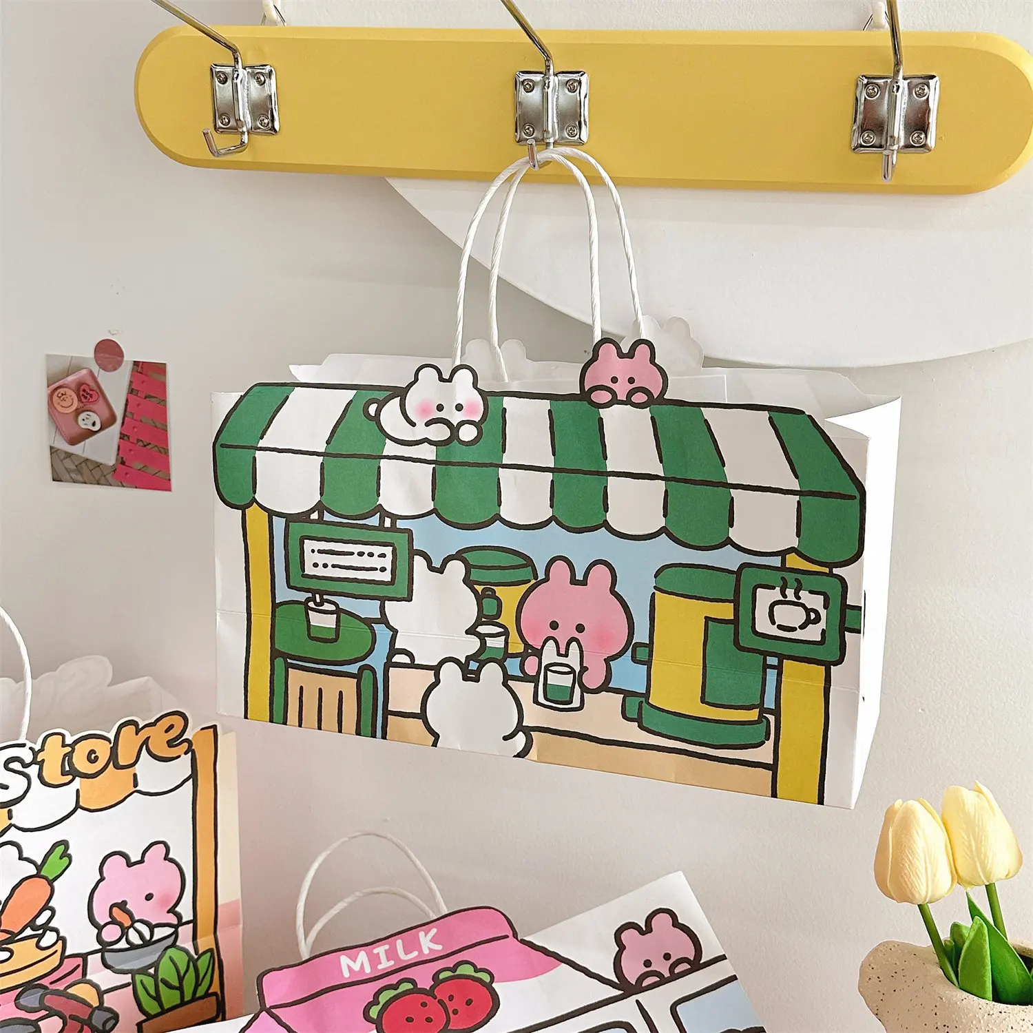 Cute Rabbit Strawberry Milk Dessert Balloon Shop Pattern Paper Bag Handbag Shopping Bag Gift Bag Jewelry Storage Organizer New